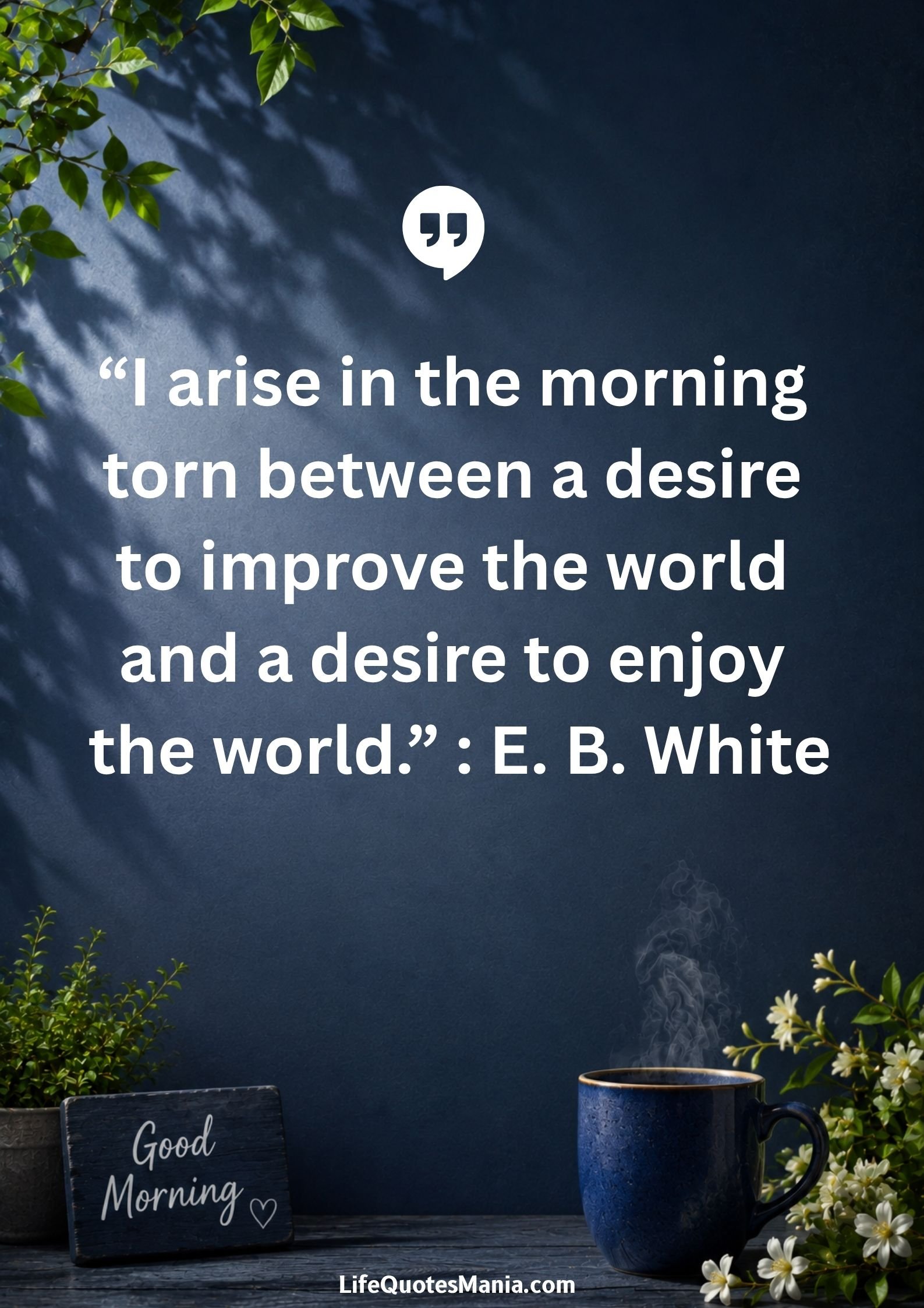 Good morning quotes and images - “I arise in the morning torn between a desire to improve the world and a desire to enjoy the world.” : E. B. White
