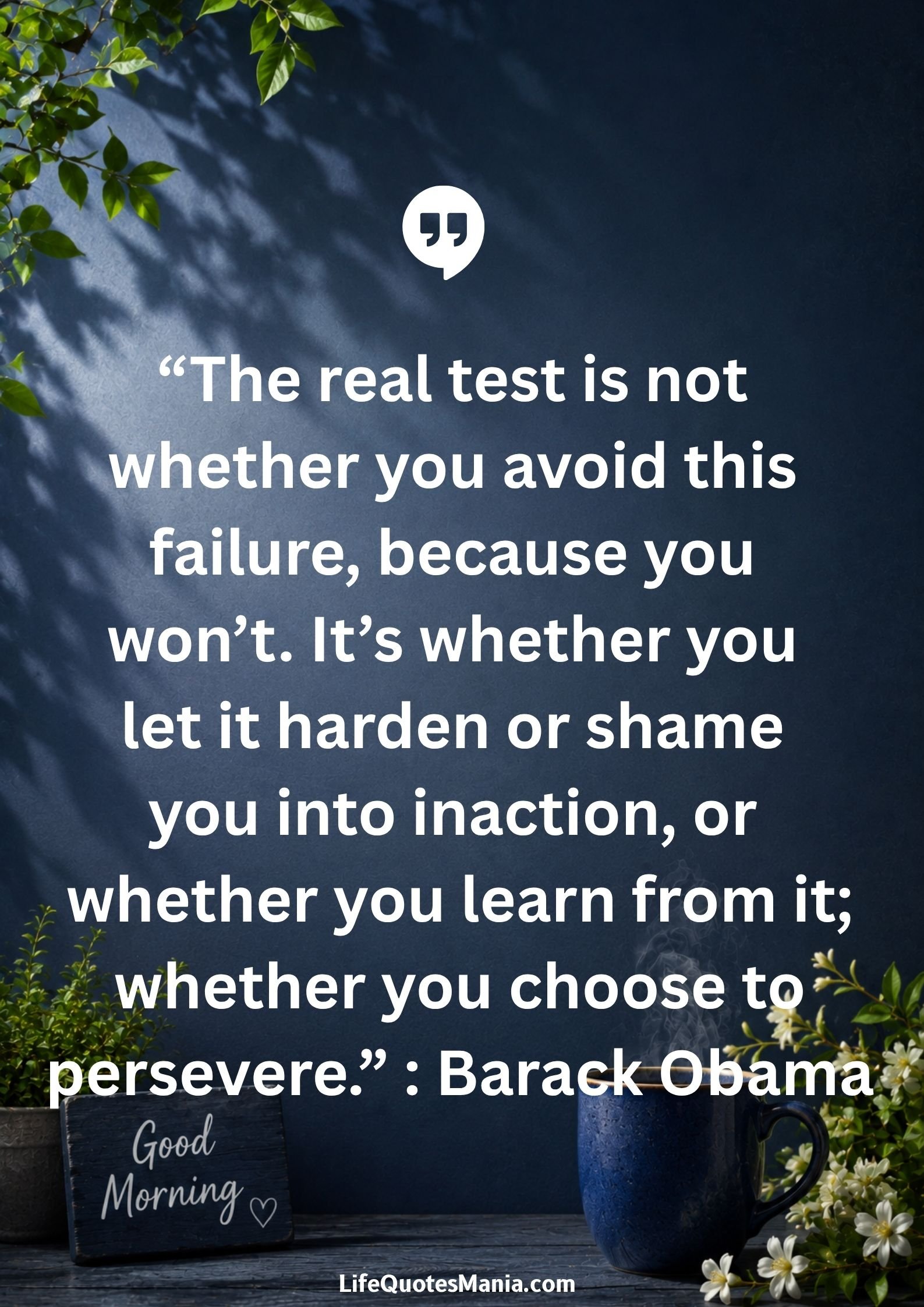 Good morning quotes and images - "The real test is not whether you avoid this failure, because you won't. It's whether you let it harden or shame you into inaction, or whether you learn from it; whether you choose to persevere." : Barack Obama