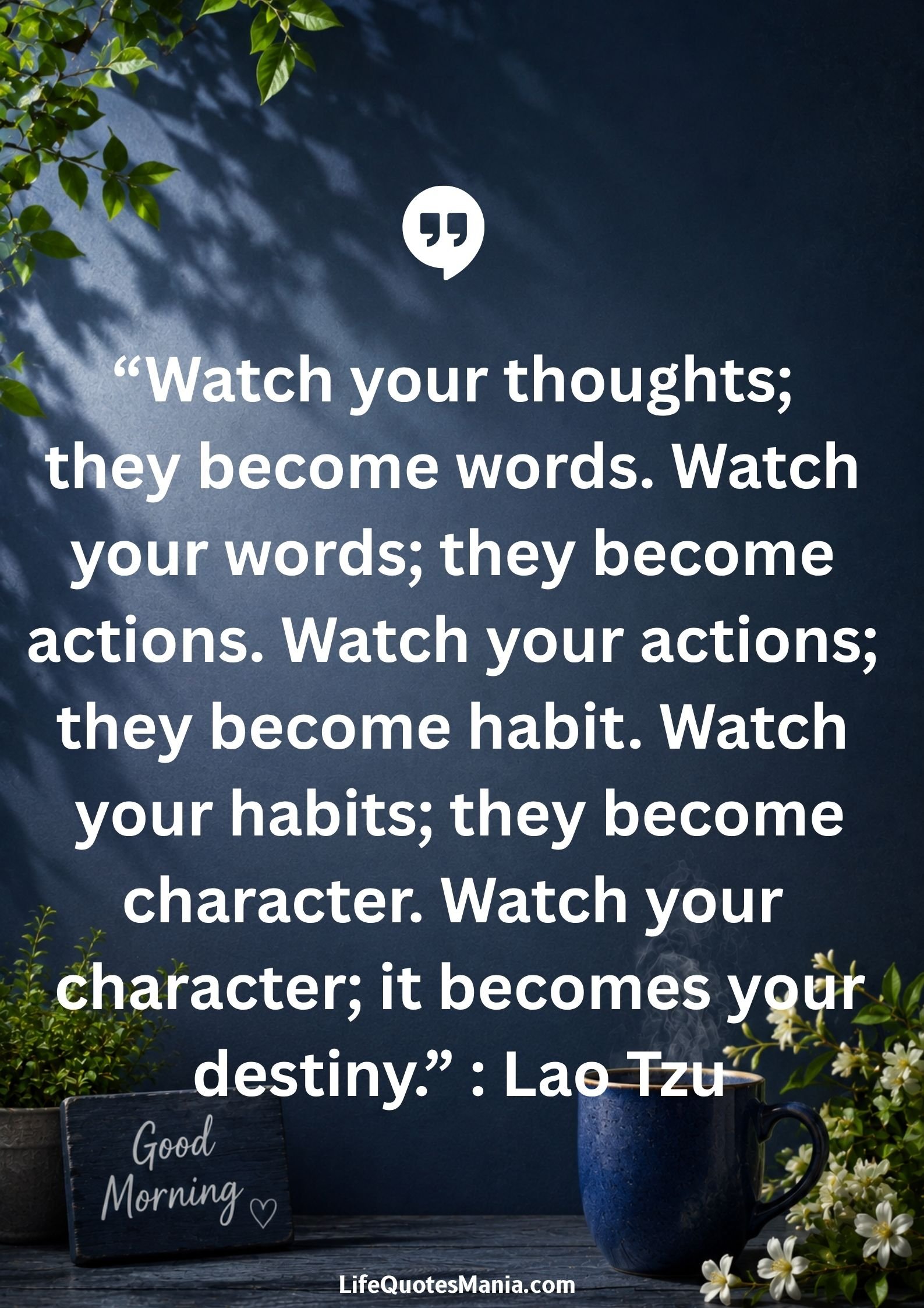 Good morning quotes and images - "Watch your thoughts; they become words. Watch your words; they become actions. Watch your actions; they become habit. Watch your habits; they become character. Watch your character; it becomes your destiny." : Lao Tzu