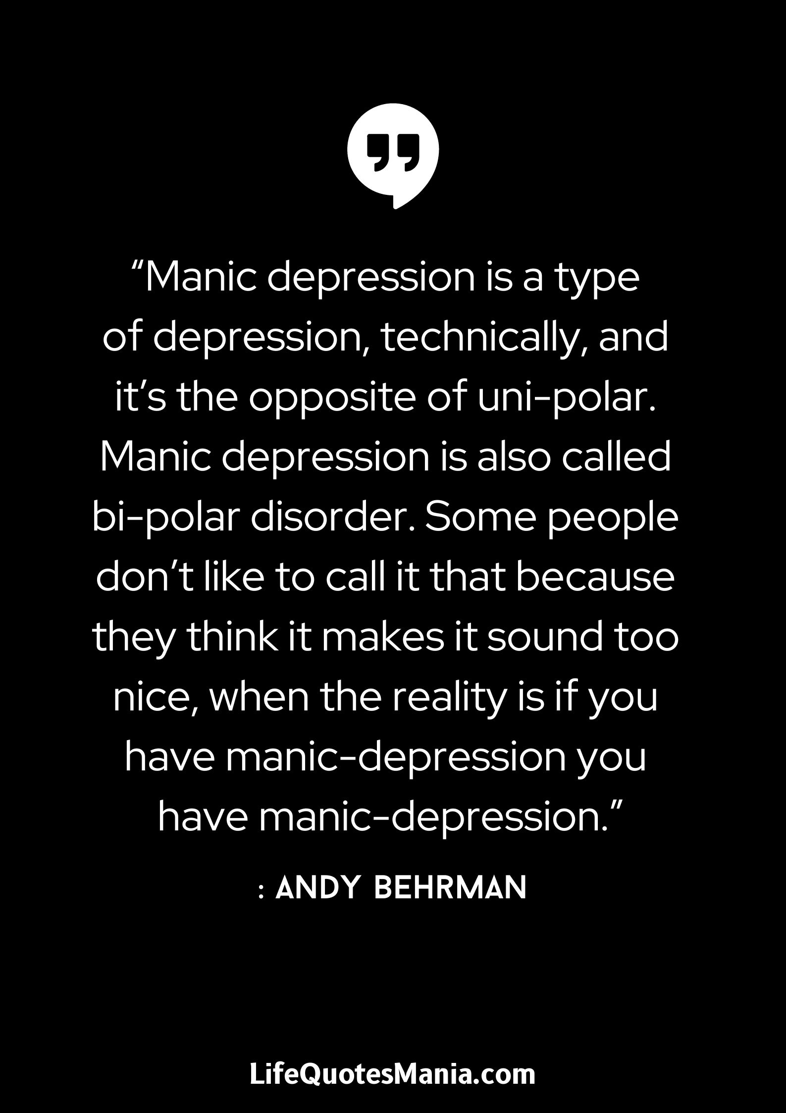 “Manic depression is a type of depression, technically, and it’s the opposite of uni-polar. Manic depression is also called bi-polar disorder. Some people don’t like to call it that because they think it makes it sound too nice, when the reality is if you have manic-depression you have manic-depression.” : Andy Behrman